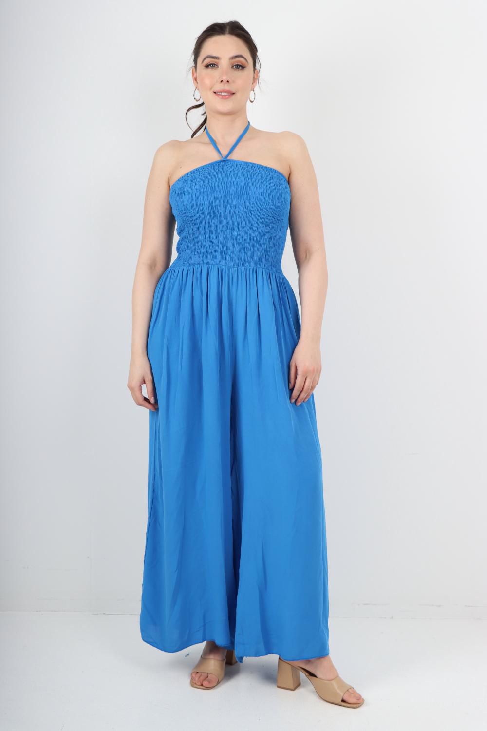 Italian Shirred Halter Neck Wide Leg Jumpsuits