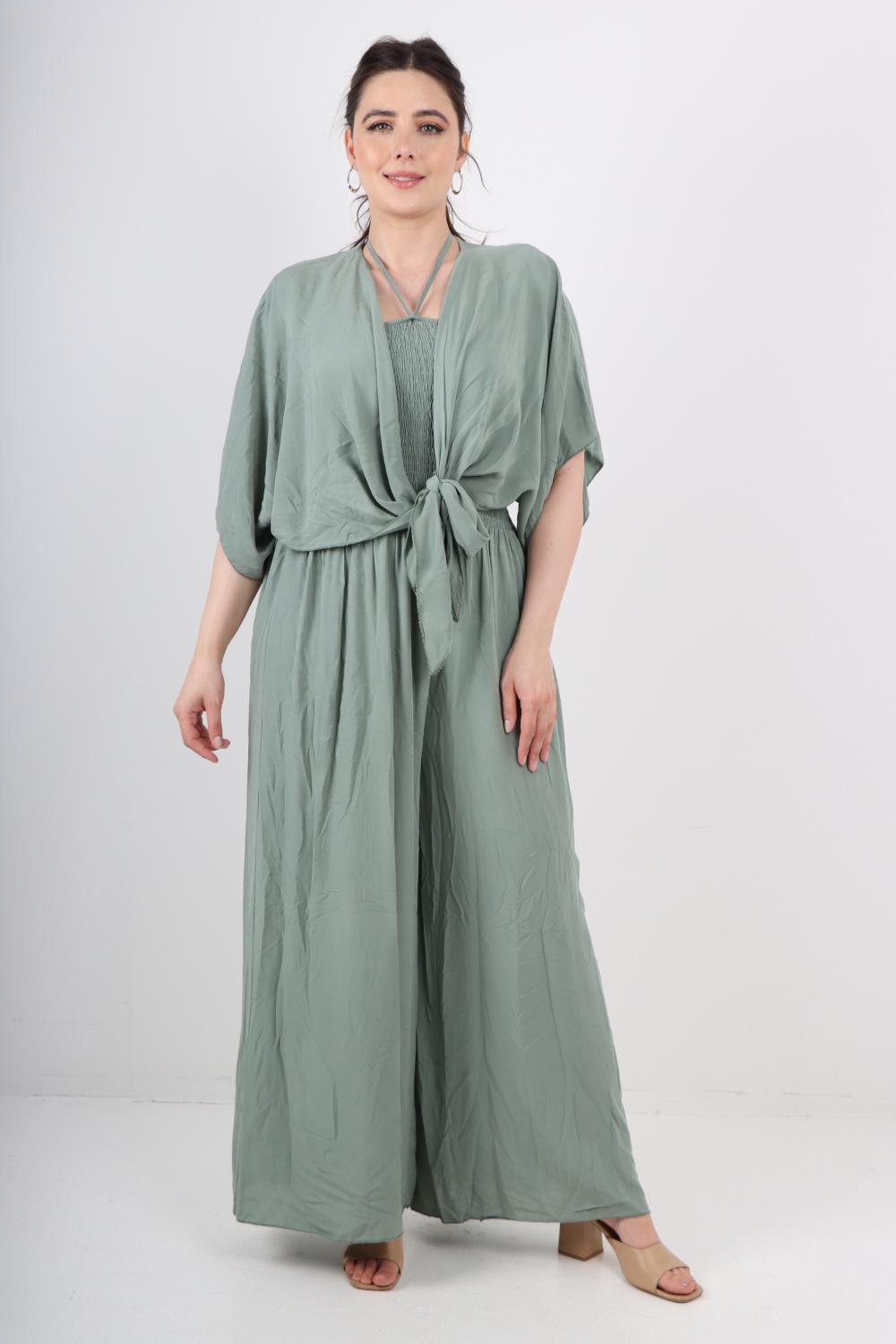 Italian Shirred Halter Neck Wide Leg Jumpsuits & Tie Front Shrug