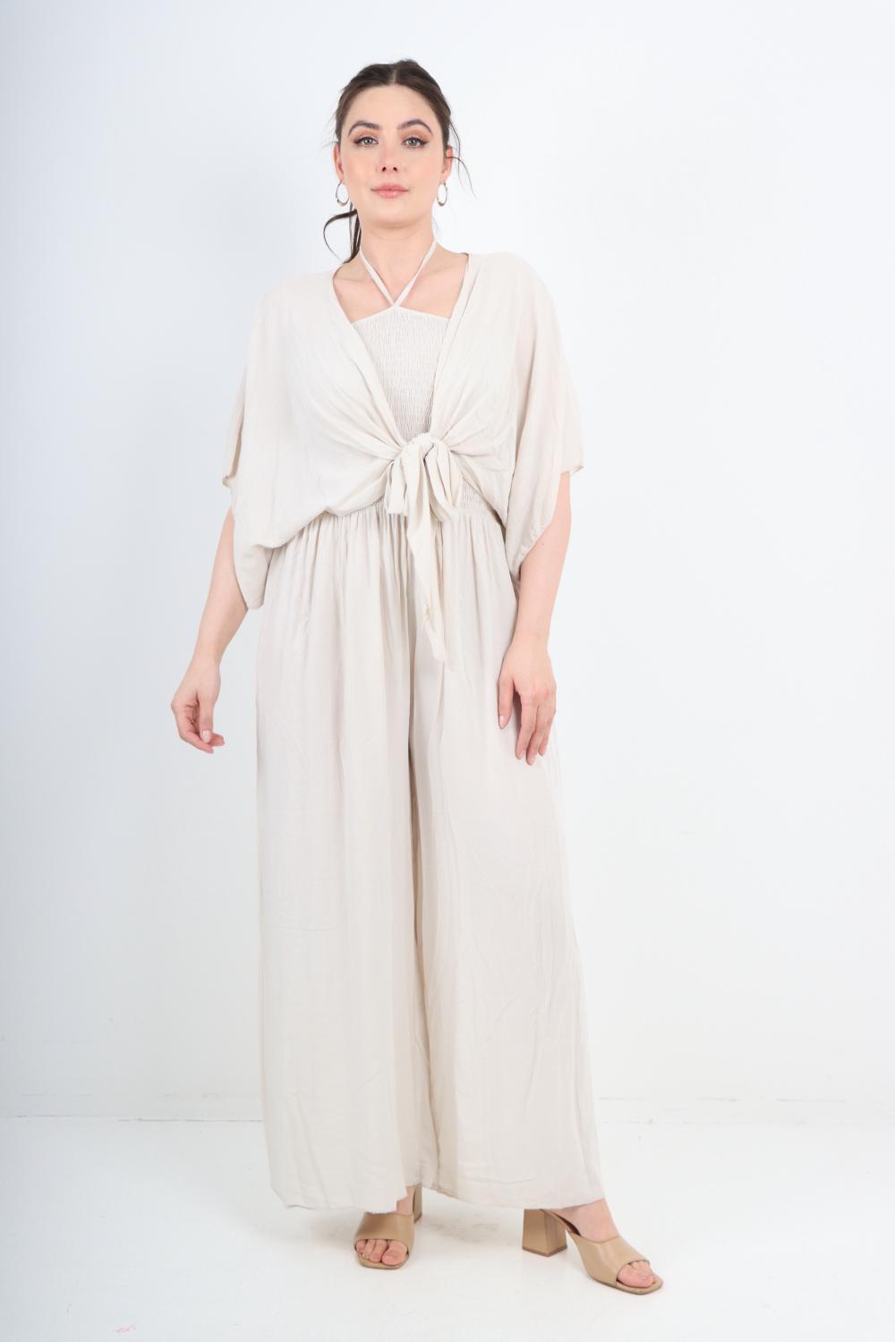Italian Shirred Halter Neck Wide Leg Jumpsuits & Tie Front Shrug