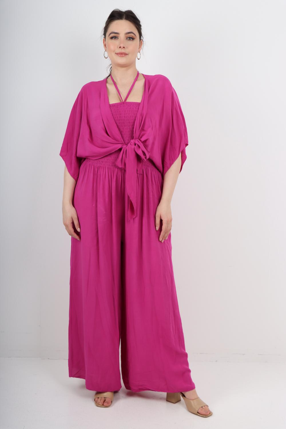 Italian Shirred Halter Neck Wide Leg Jumpsuits & Tie Front Shrug