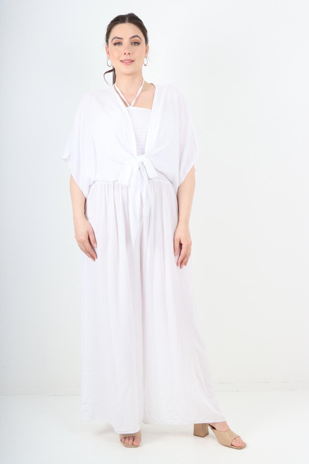 Italian Shirred Halter Neck Wide Leg Jumpsuits & Tie Front Shrug