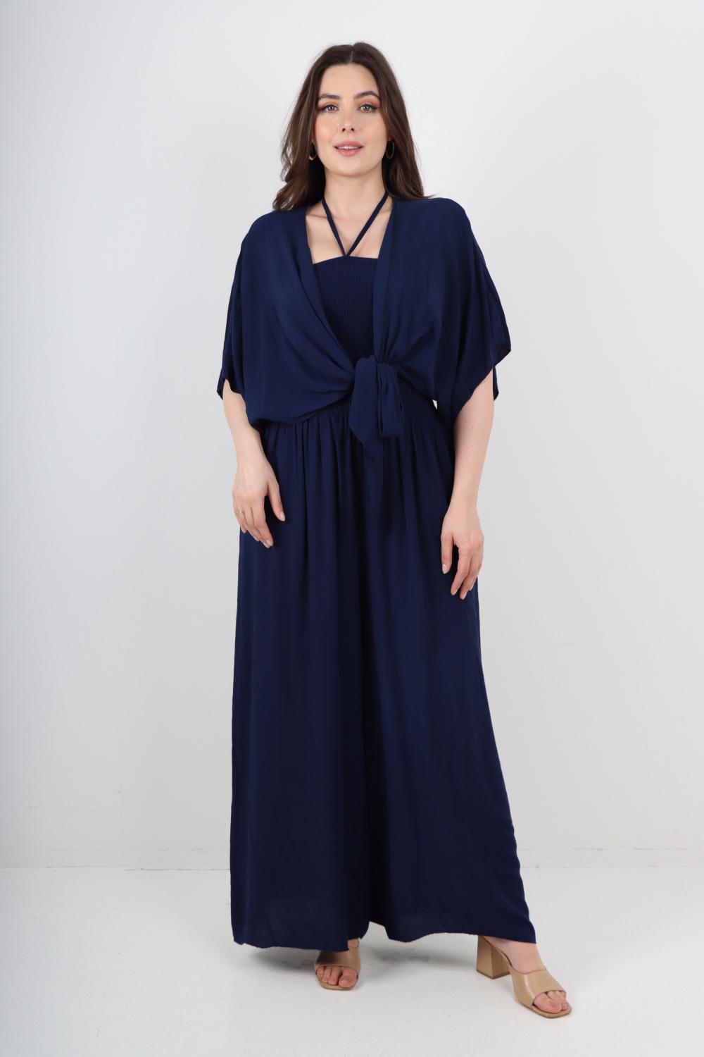 Italian Shirred Halter Neck Wide Leg Jumpsuits & Tie Front Shrug