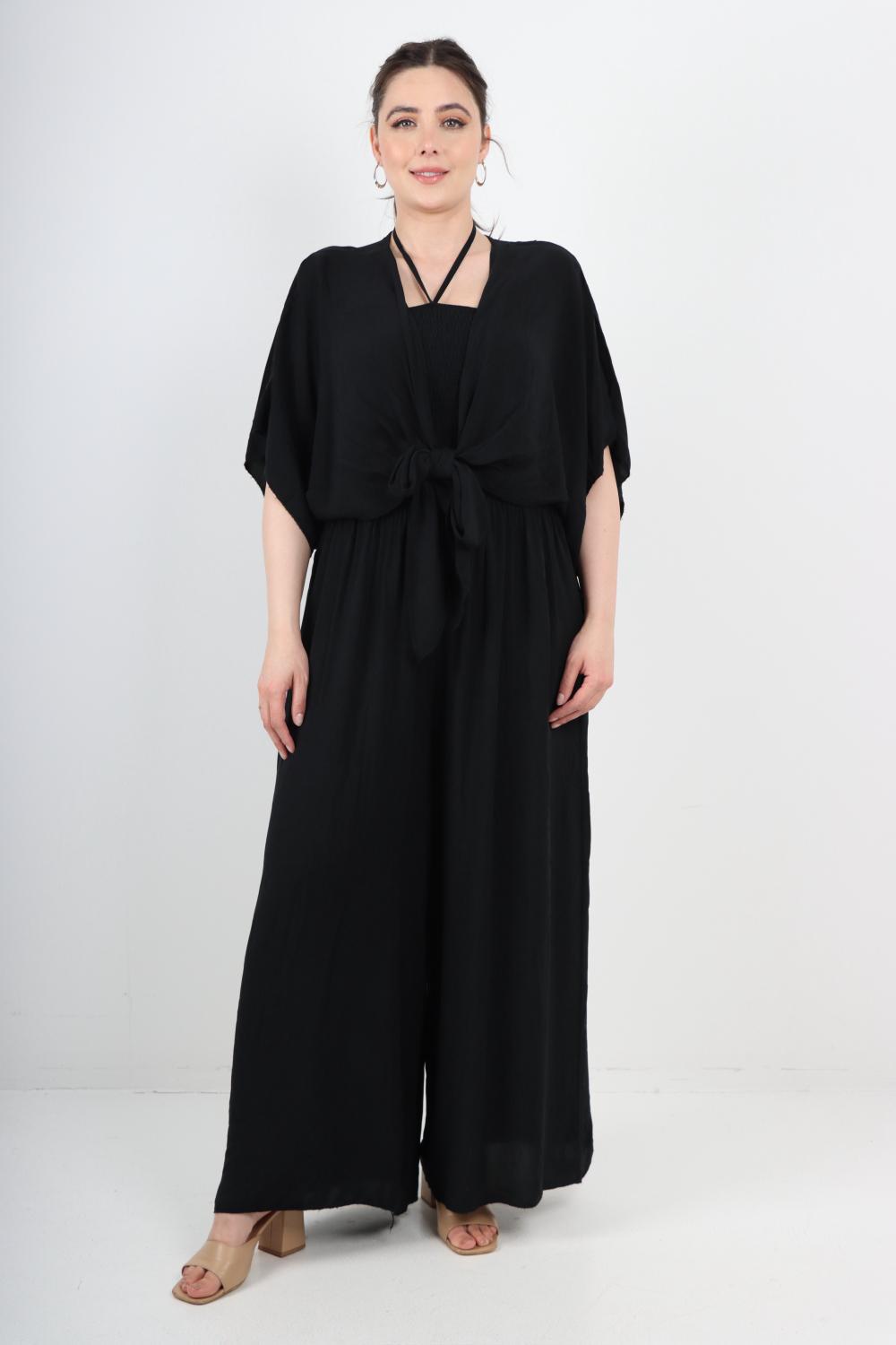 Italian Shirred Halter Neck Wide Leg Jumpsuits & Tie Front Shrug