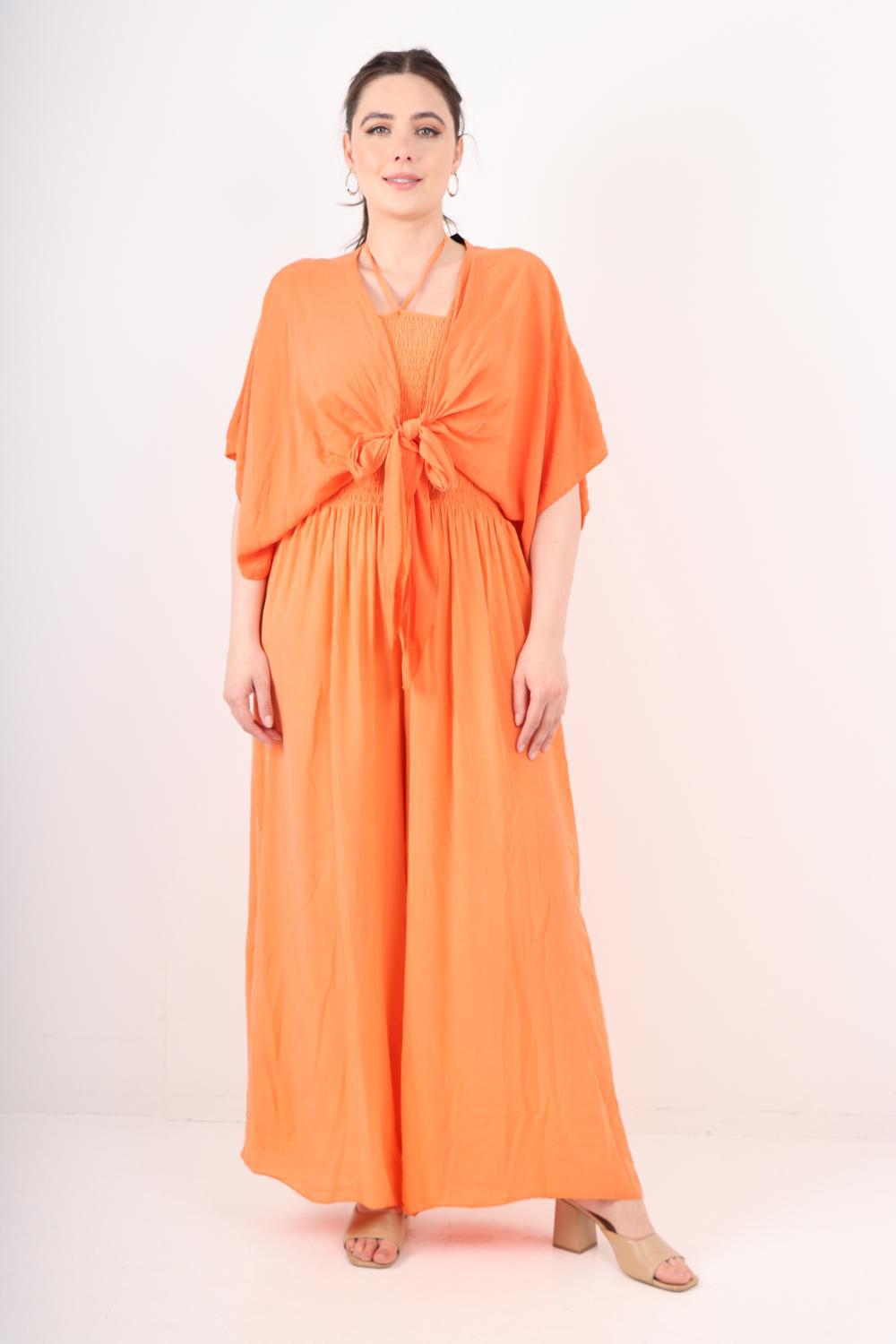Italian Shirred Halter Neck Wide Leg Jumpsuits & Tie Front Shrug