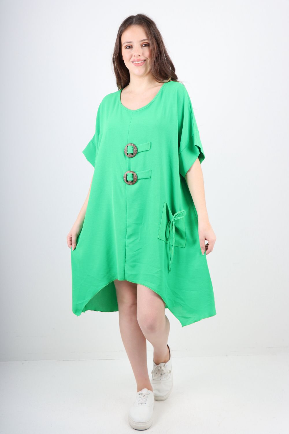 Italian Two Button Detail Round Neck Short Sleeve Dress
