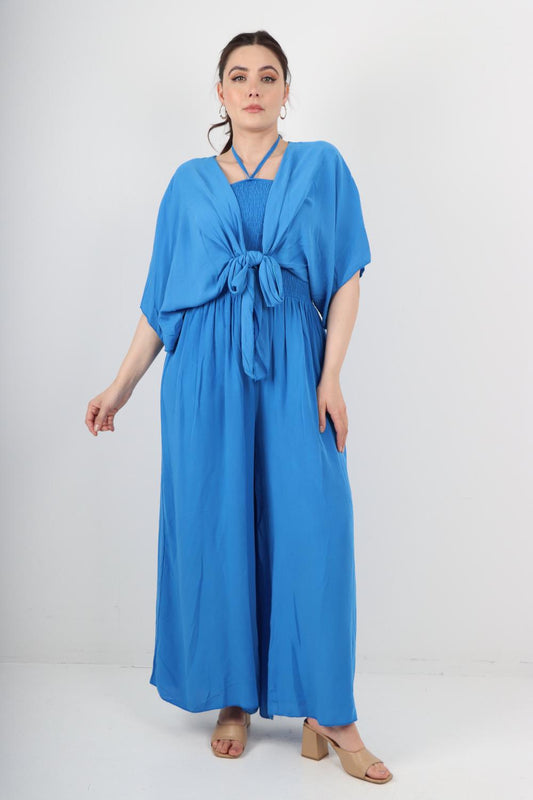 Italian Shirred Halter Neck Wide Leg Jumpsuits & Tie Front Shrug