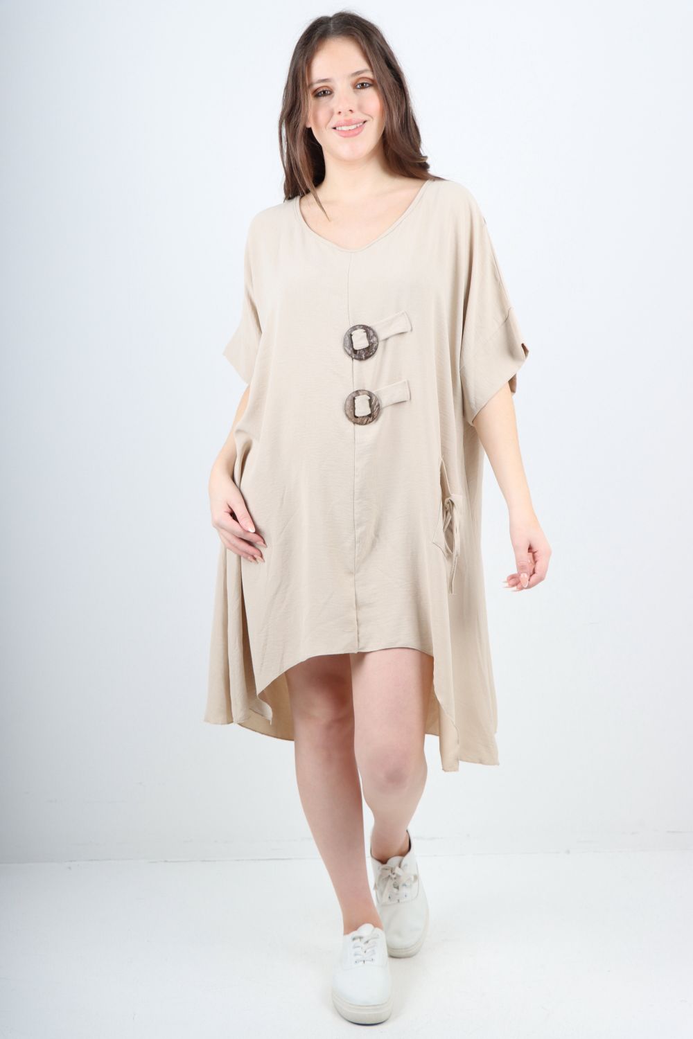 Italian Two Button Detail Round Neck Short Sleeve Dress
