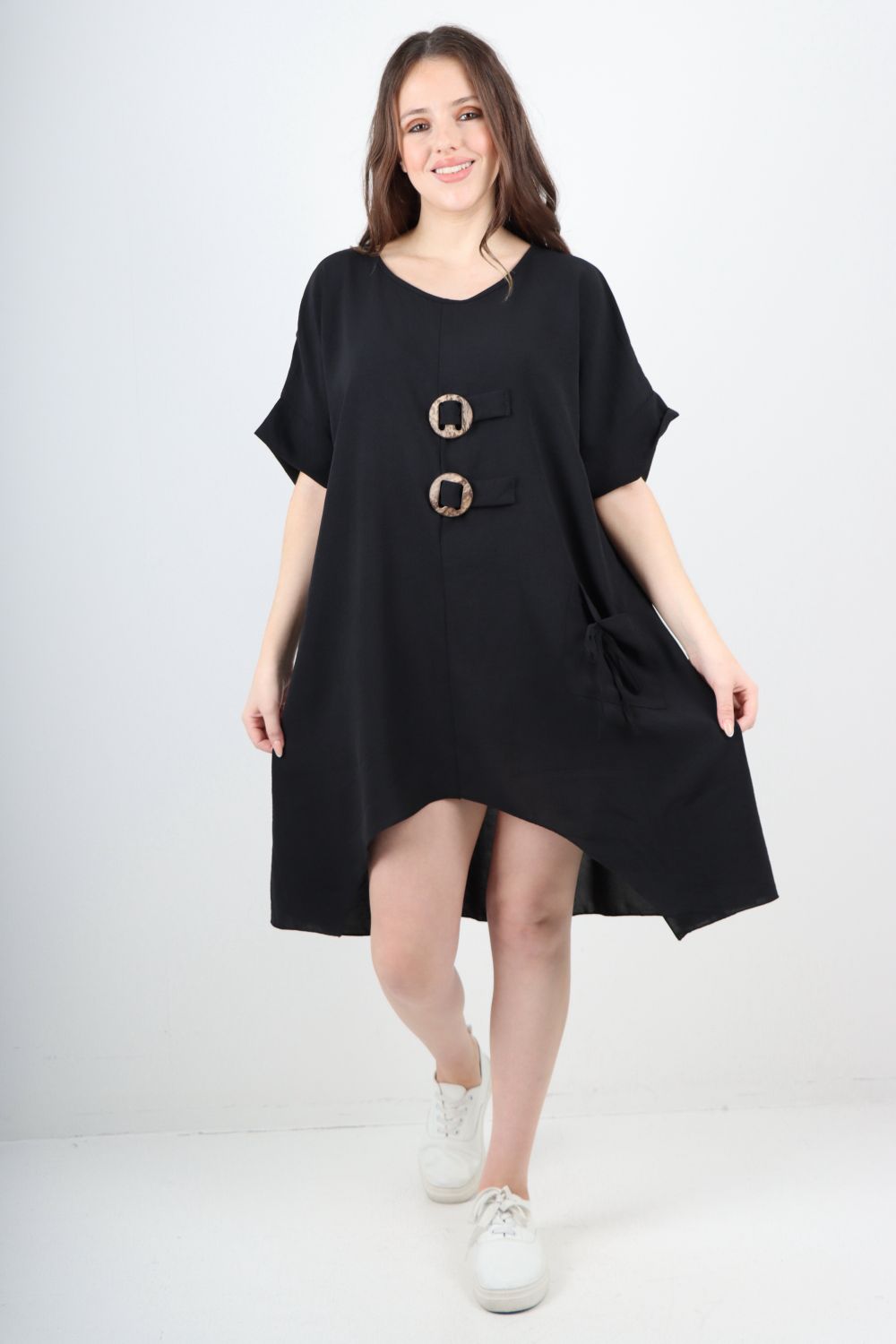 Italian Two Button Detail Round Neck Short Sleeve Dress