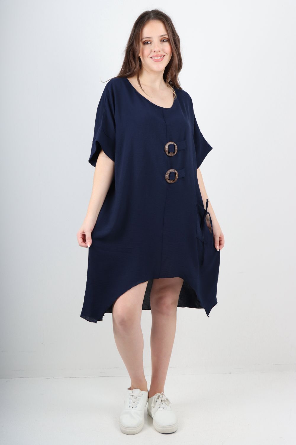 Italian Two Button Detail Round Neck Short Sleeve Dress
