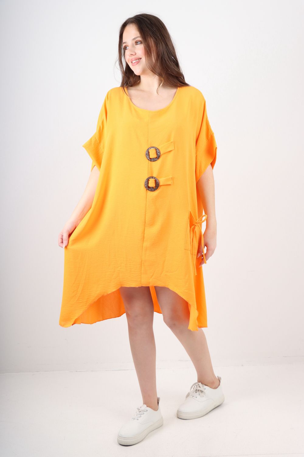 Italian Two Button Detail Round Neck Short Sleeve Dress