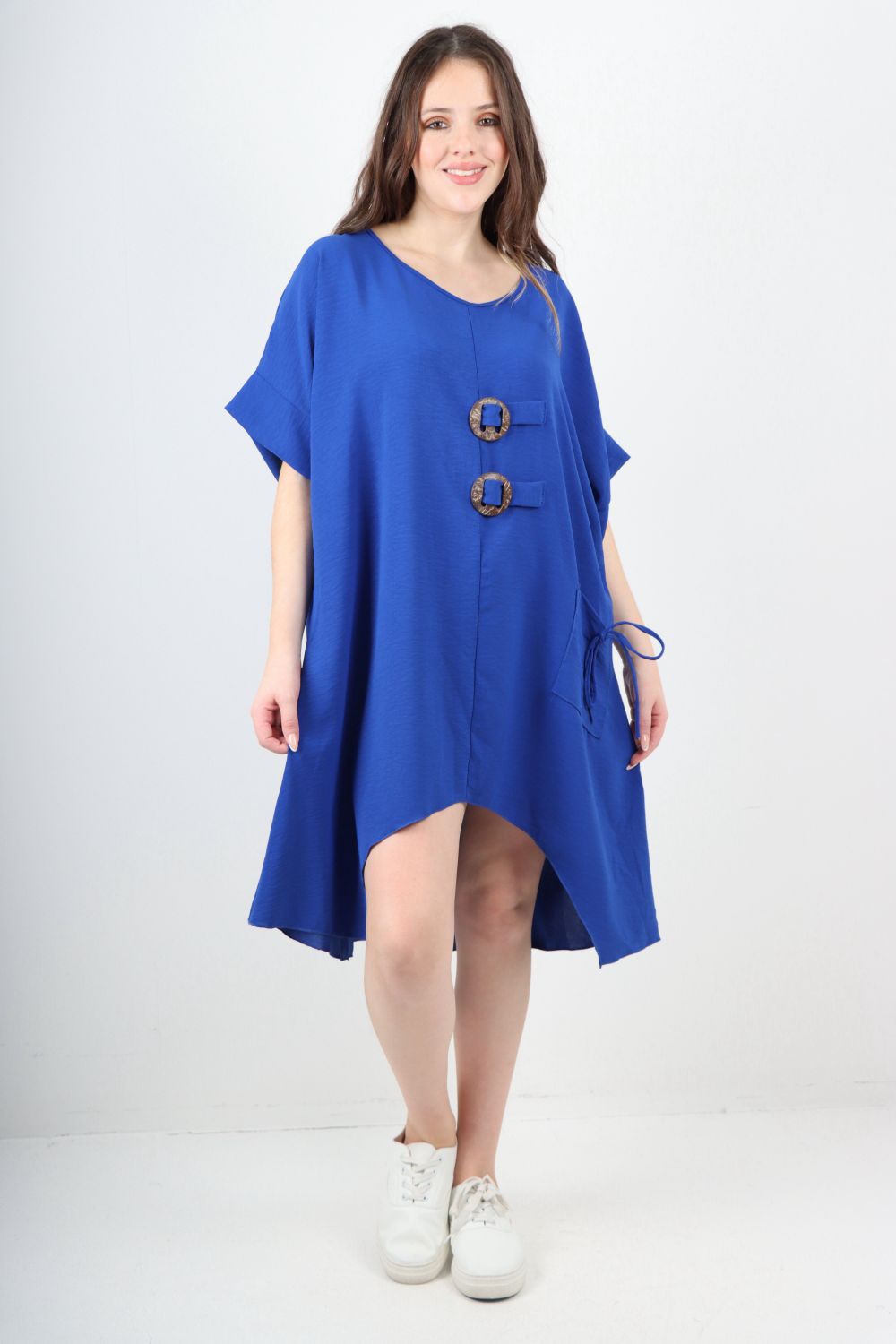 Italian Two Button Detail Round Neck Short Sleeve Dress