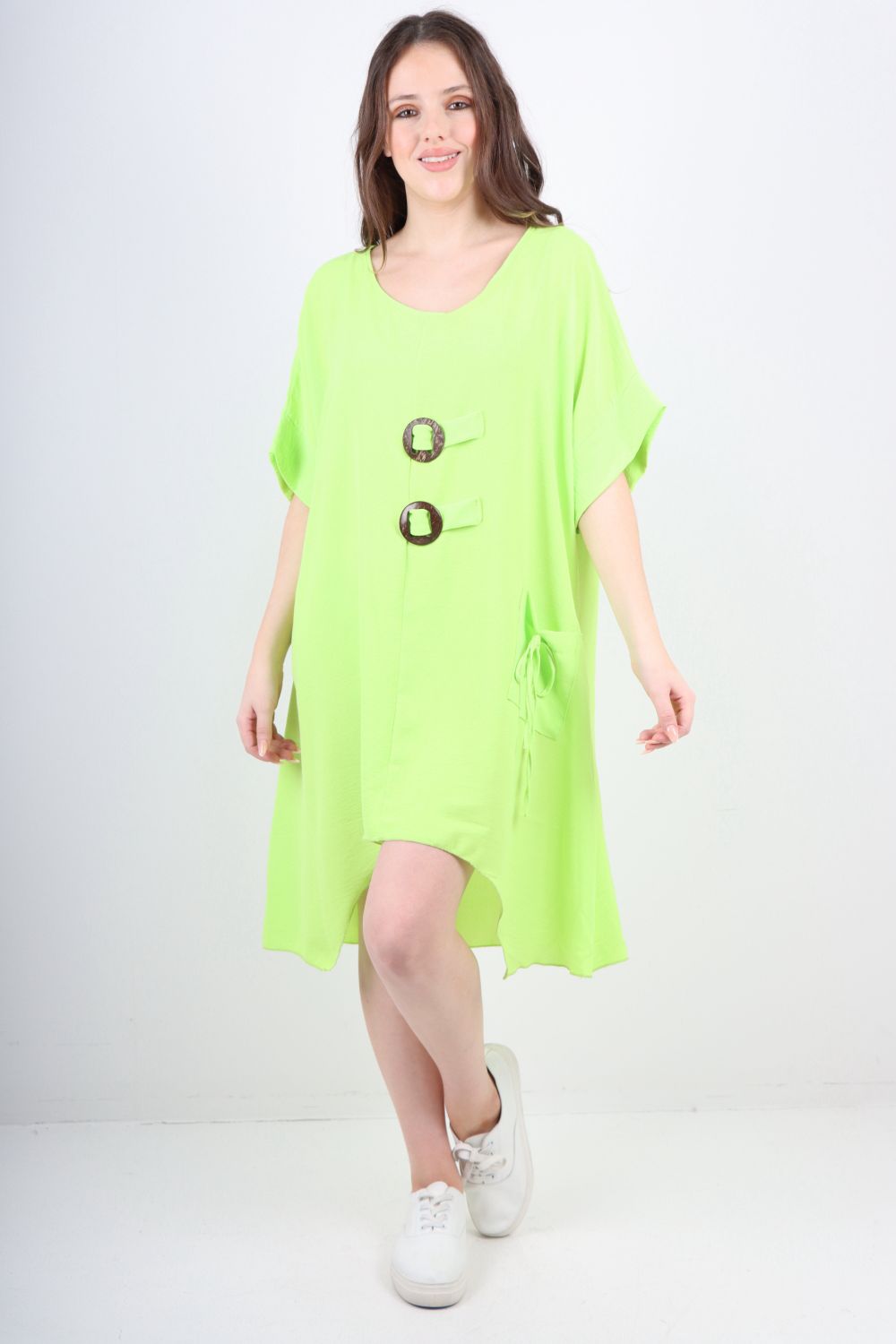 Italian Two Button Detail Round Neck Short Sleeve Dress