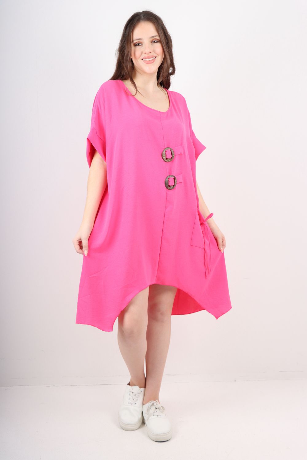 Italian Two Button Detail Round Neck Short Sleeve Dress