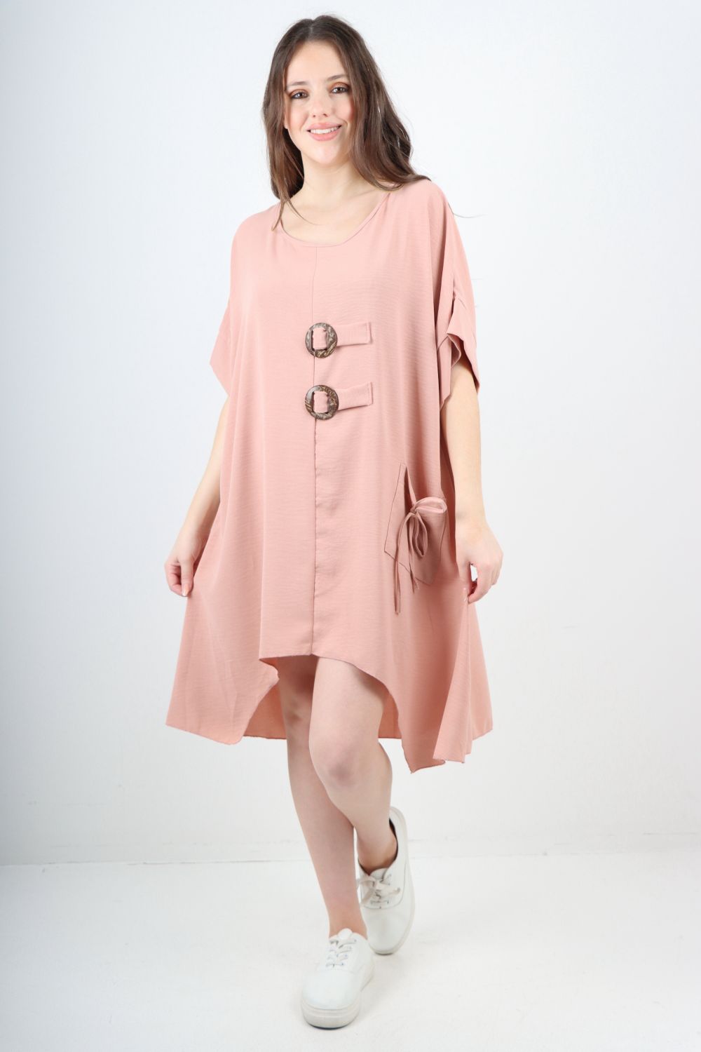 Italian Two Button Detail Round Neck Short Sleeve Dress