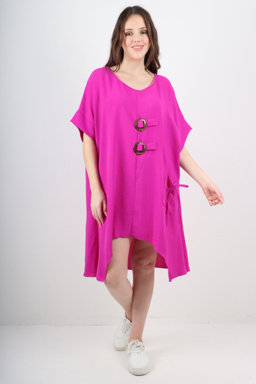 Italian Two Button Detail Round Neck Short Sleeve Dress