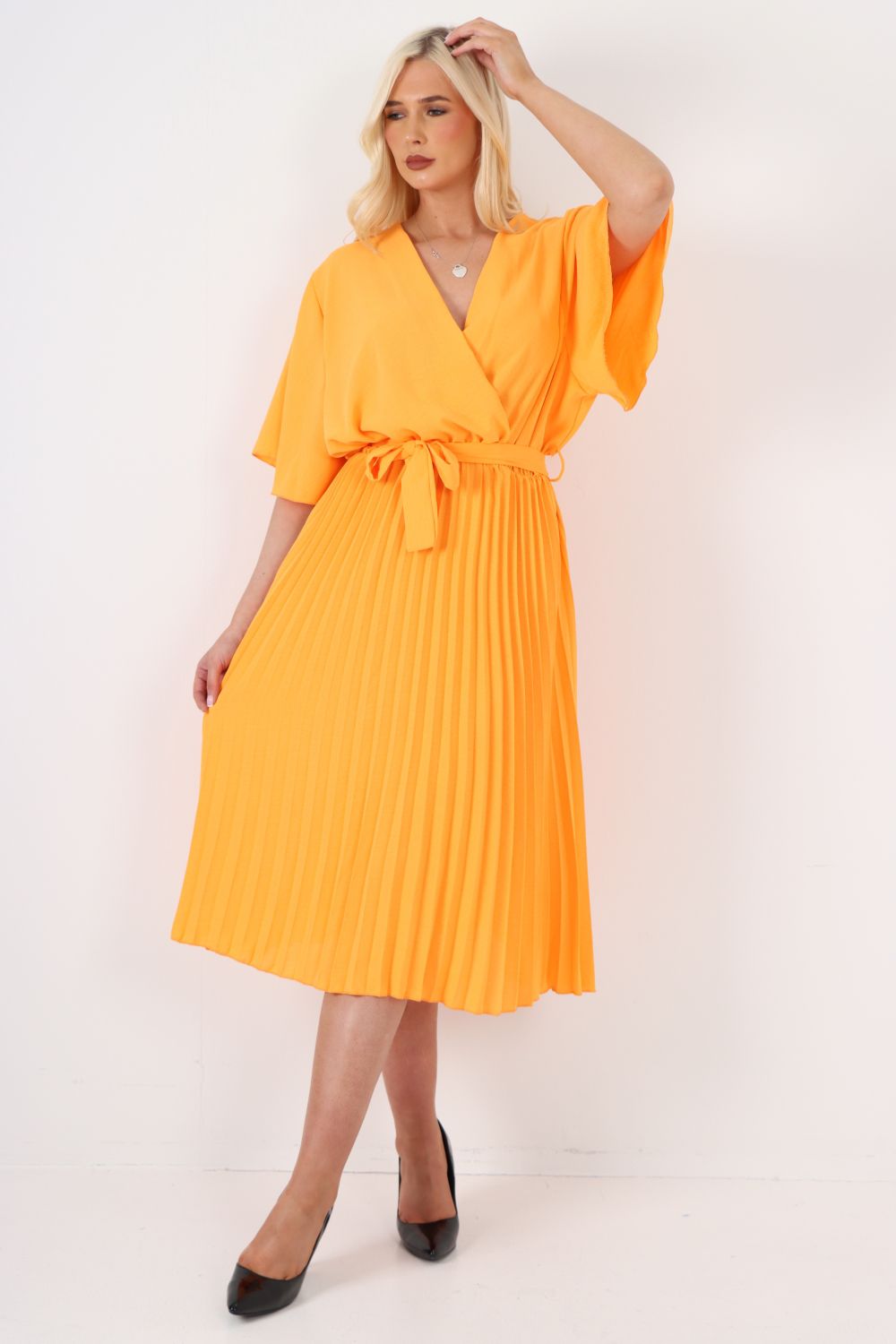 Italian Pleated Belted Midi Dress