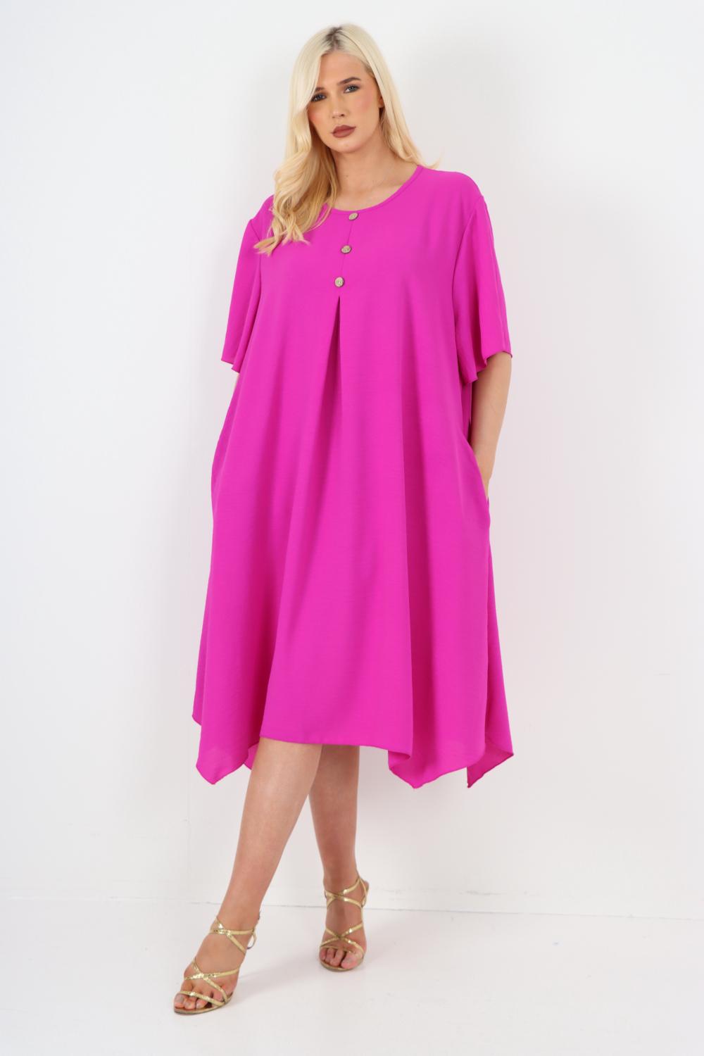 Italian Button Detail Short Sleeve Side Pocketed Midi Dress