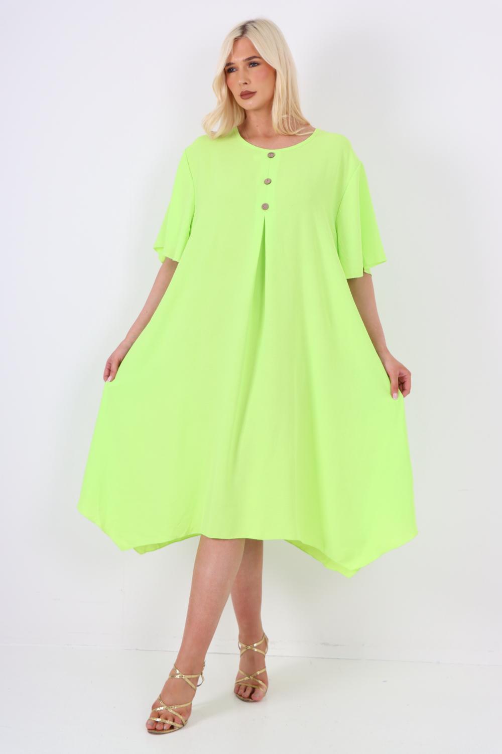 Italian Button Detail Short Sleeve Side Pocketed Midi Dress