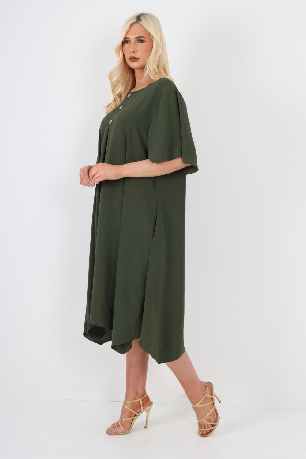 Italian Button Detail Short Sleeve Side Pocketed Midi Dress
