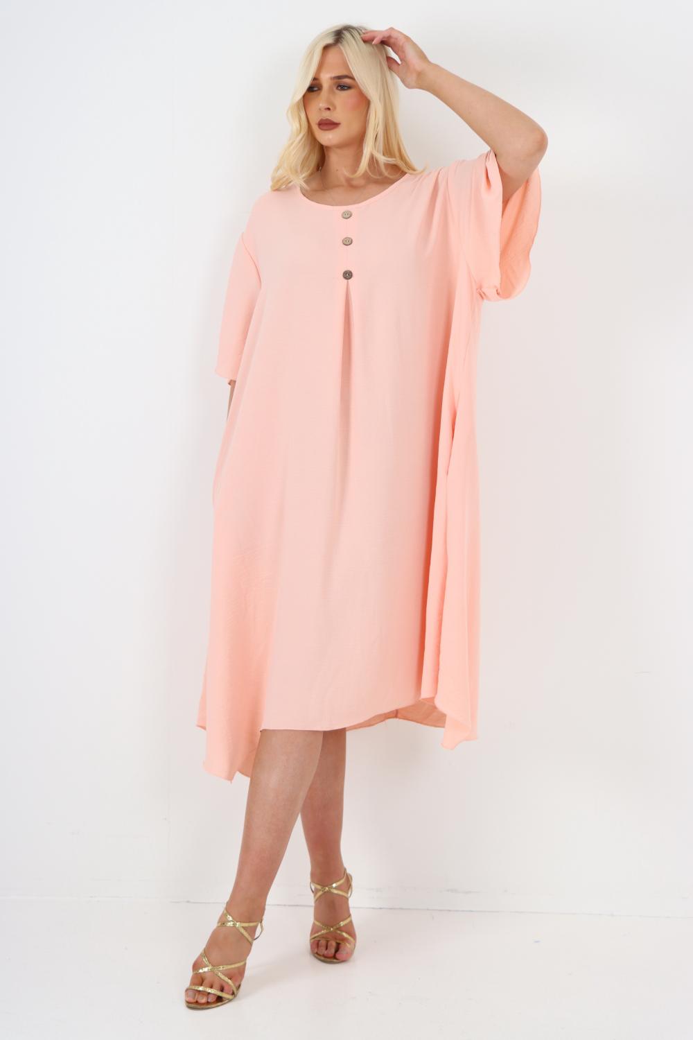Italian Button Detail Short Sleeve Side Pocketed Midi Dress