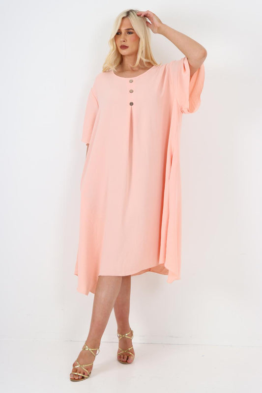 Italian Button Detail Short Sleeve Side Pocketed Midi Dress