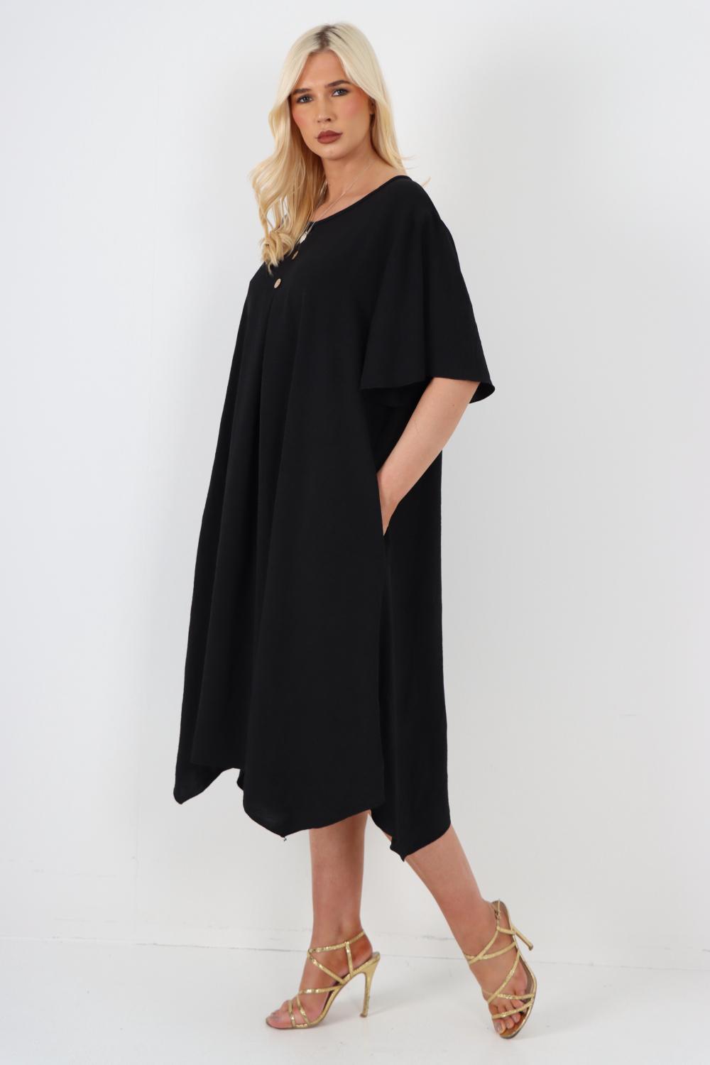 Italian Button Detail Short Sleeve Side Pocketed Midi Dress