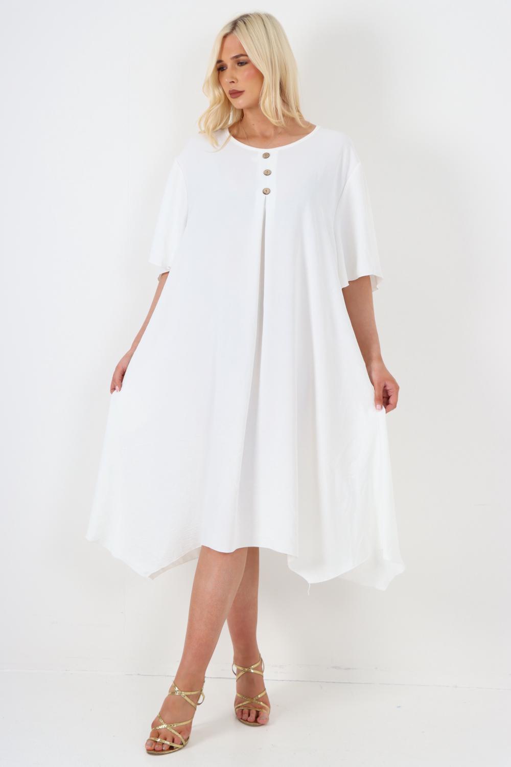 Italian Button Detail Short Sleeve Side Pocketed Midi Dress