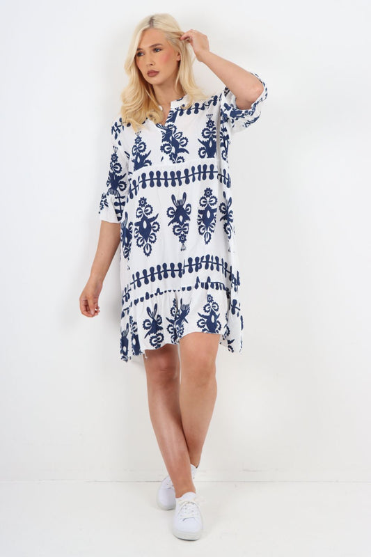 Italian Printed Grandad Collar V Neck Smock Dress