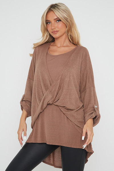 One Size Cross Front Roll Sleeve Jumper & Top