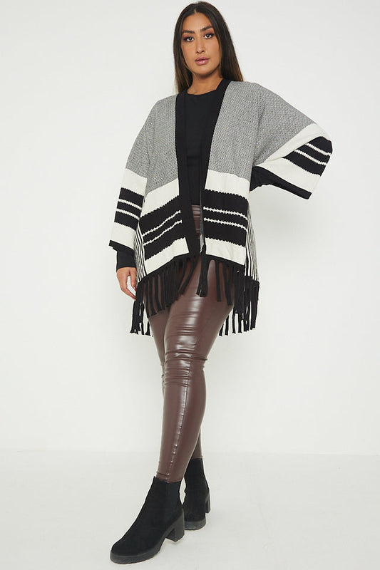 One Size Block Stripe Fringe Poncho Cardigan