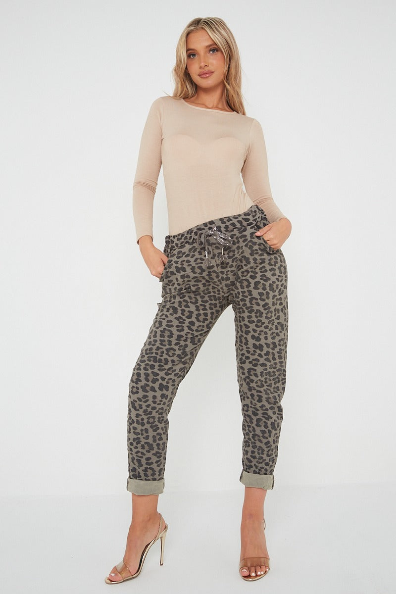 One Size Leopard Print Cuffed Trousers
