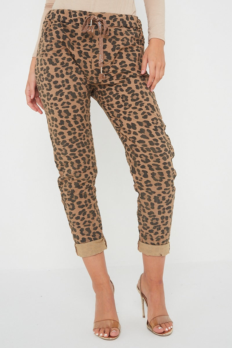 One Size Leopard Print Cuffed Trousers