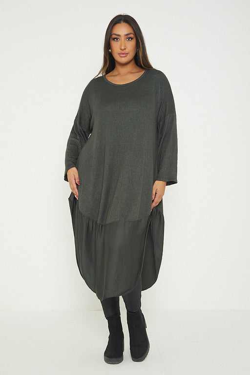 One Size Round Neck Knitted Jumper Dress With Satin Hem