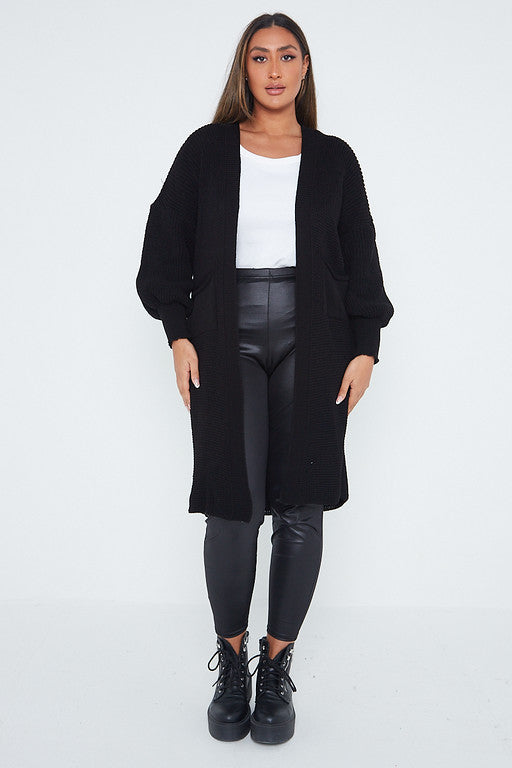 One Size Mid Length Knit Pocket Cardigan