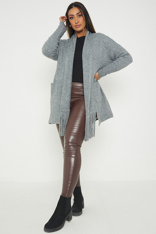 One Size Fringe Hem Pocket Cardigan Jumper