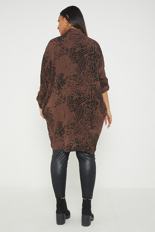 One Size Animal Print Turn Up Sleeve Shirt With Pockets