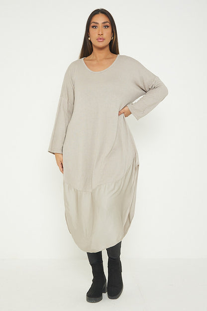 One Size Round Neck Knitted Jumper Dress With Satin Hem