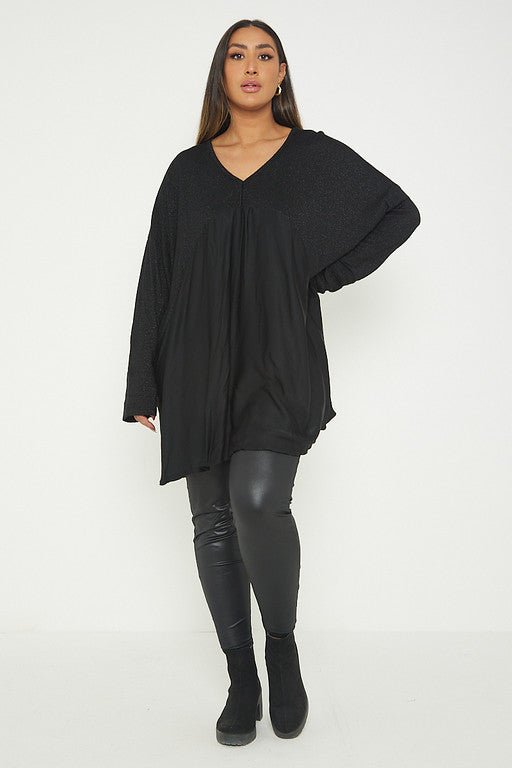 One Size Lurex Shimmer V Neck Knitted Top With Satin Front