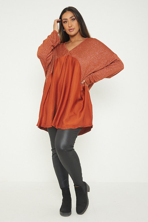 One Size Lurex Shimmer V Neck Knitted Top With Satin Front