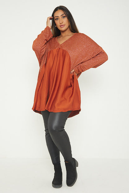 One Size Lurex Shimmer V Neck Knitted Top With Satin Front