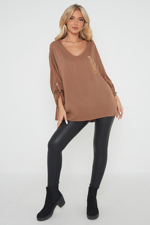 One Size 'V' Embellished V Neck Top