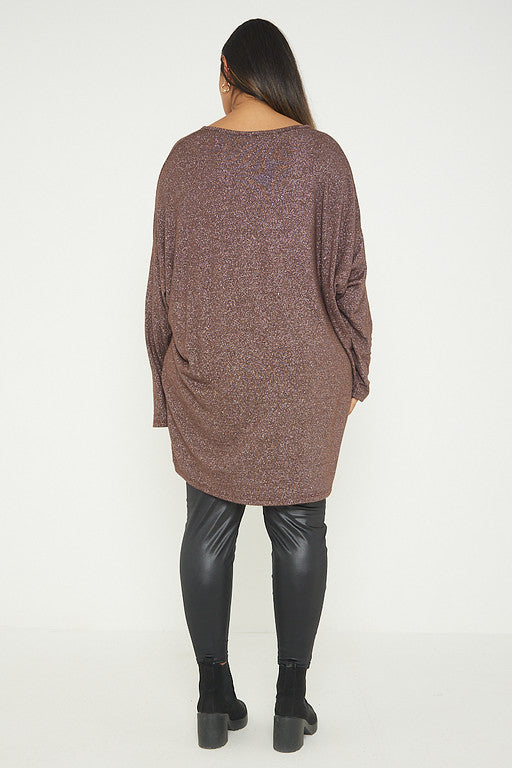 One Size Lurex Shimmer V Neck Knitted Top With Satin Front