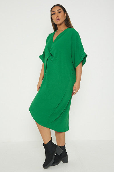 One Size Twist Front Mid Sleeve Midi Tunic Dress