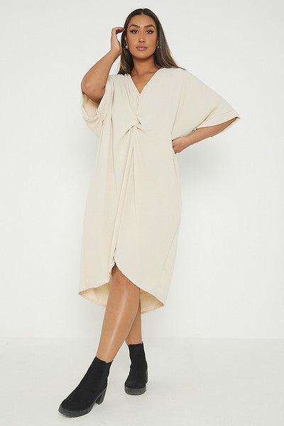 One Size Twist Front Mid Sleeve Midi Tunic Dress