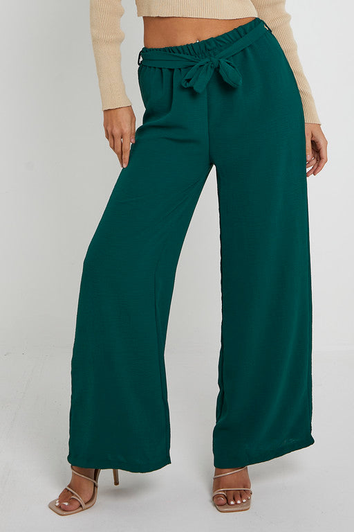 Elasticated Waist Belted Straight Flare Crepe Trousers