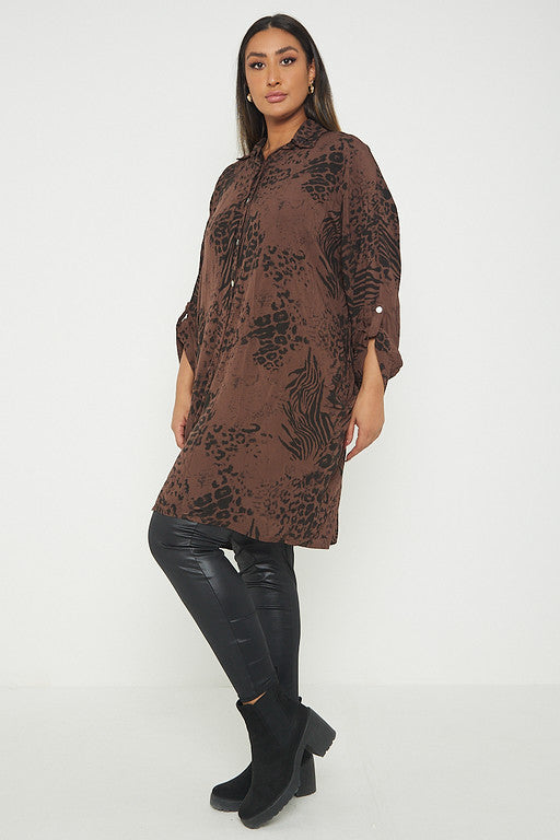 One Size Animal Print Turn Up Sleeve Shirt With Pockets