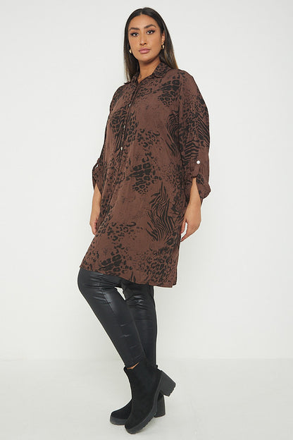 One Size Animal Print Turn Up Sleeve Shirt With Pockets
