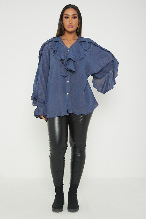 One Size Ruffle Detail Crinkle Lurex Shirt Blouse