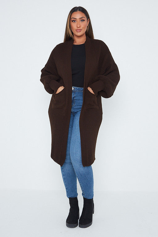 One Size Mid Length Knit Pocket Cardigan