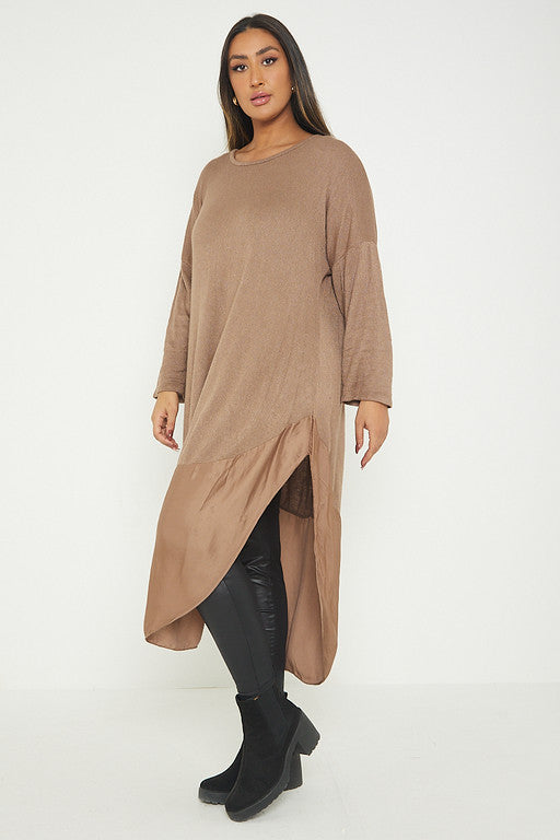 One Size Round Neck Knitted Jumper Dress With Satin Hem
